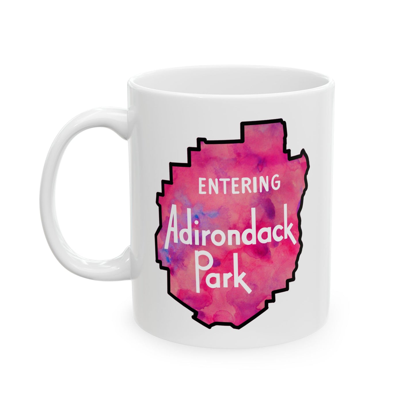 Entering Adirondack Park Mug – Watercolor Design with Iconic Park Sign (11 oz or 15 oz) - Pink Watercolor