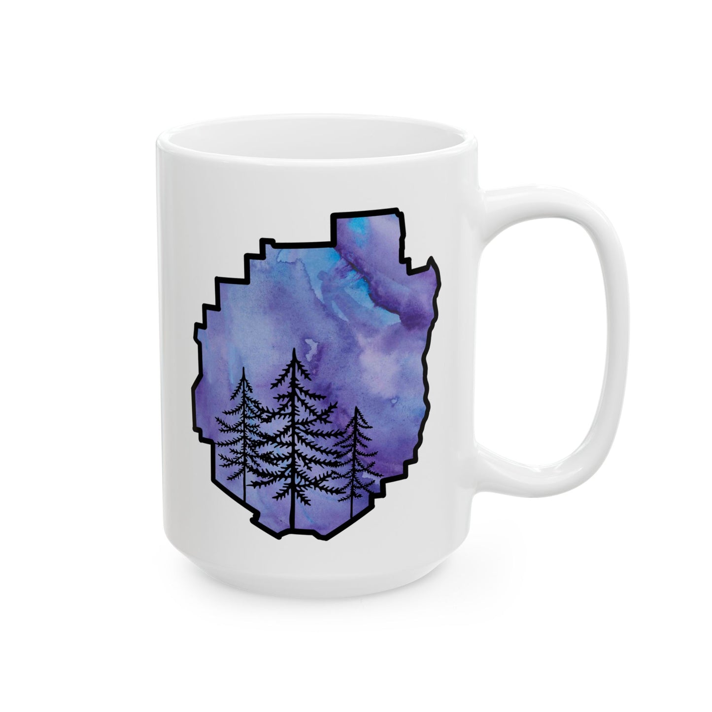 Adirondack Park Watercolor Mug – Pine Tree Forest Purple Watercolor Design (11 oz or 15 oz)