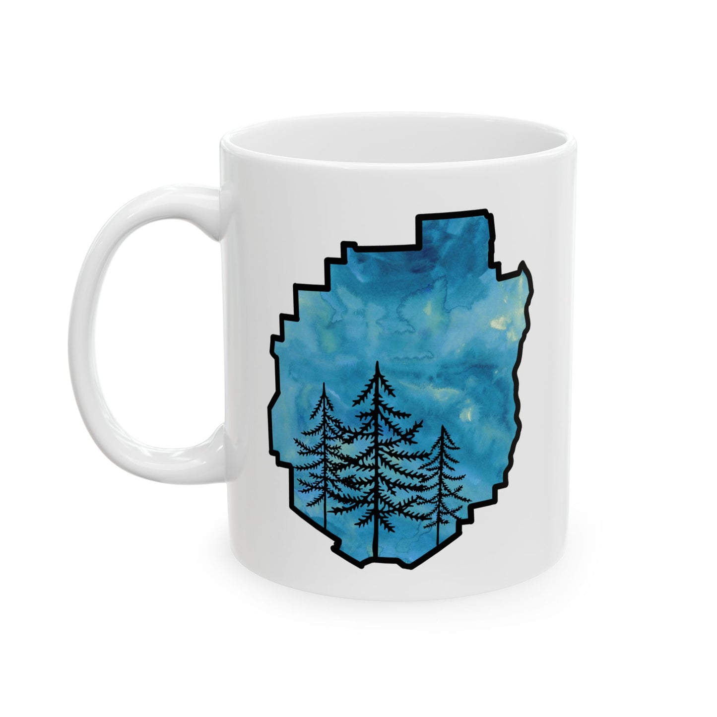 Adirondack Park Watercolor Mug – Pine Tree Forest Blue Watercolor Design (11 oz or 15 oz)