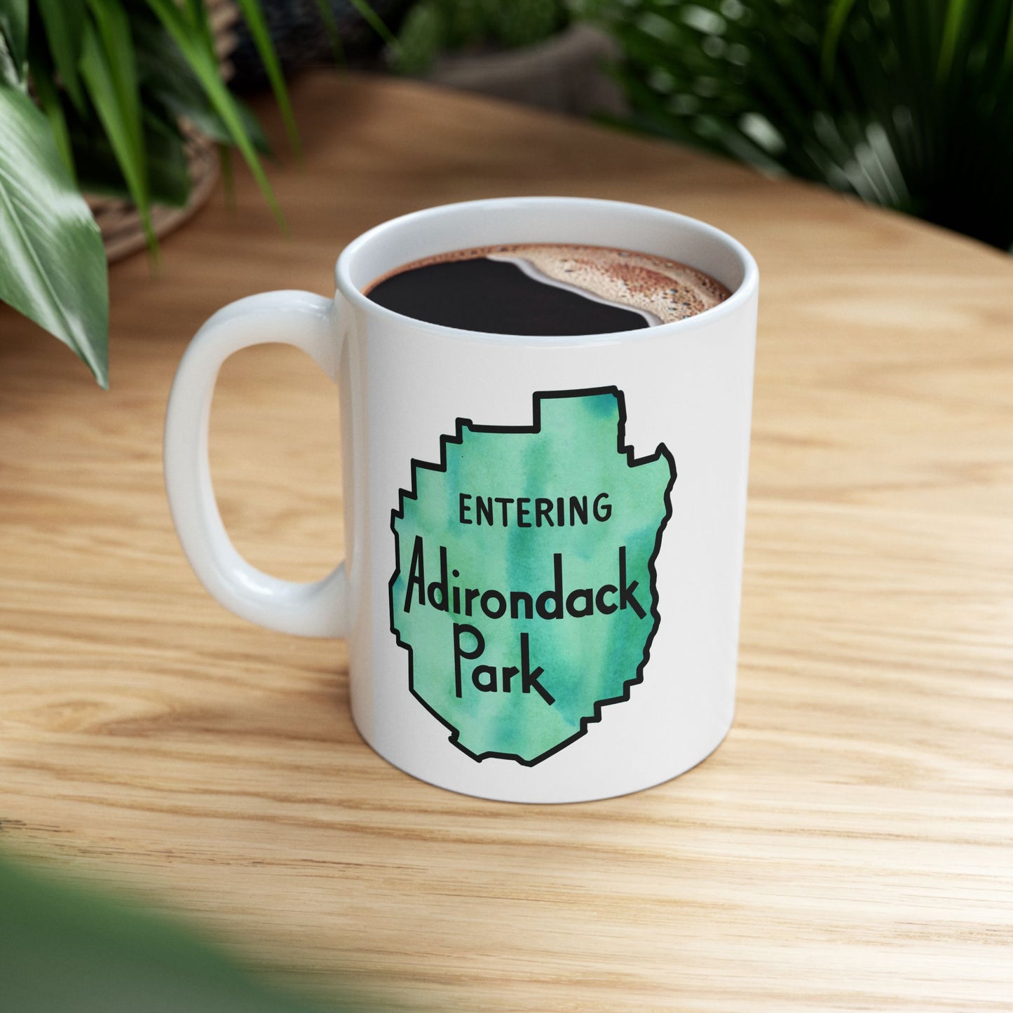 Entering Adirondack Park Mug – Watercolor Design with Iconic Park Sign (11 oz or 15 oz) - Green Watercolor