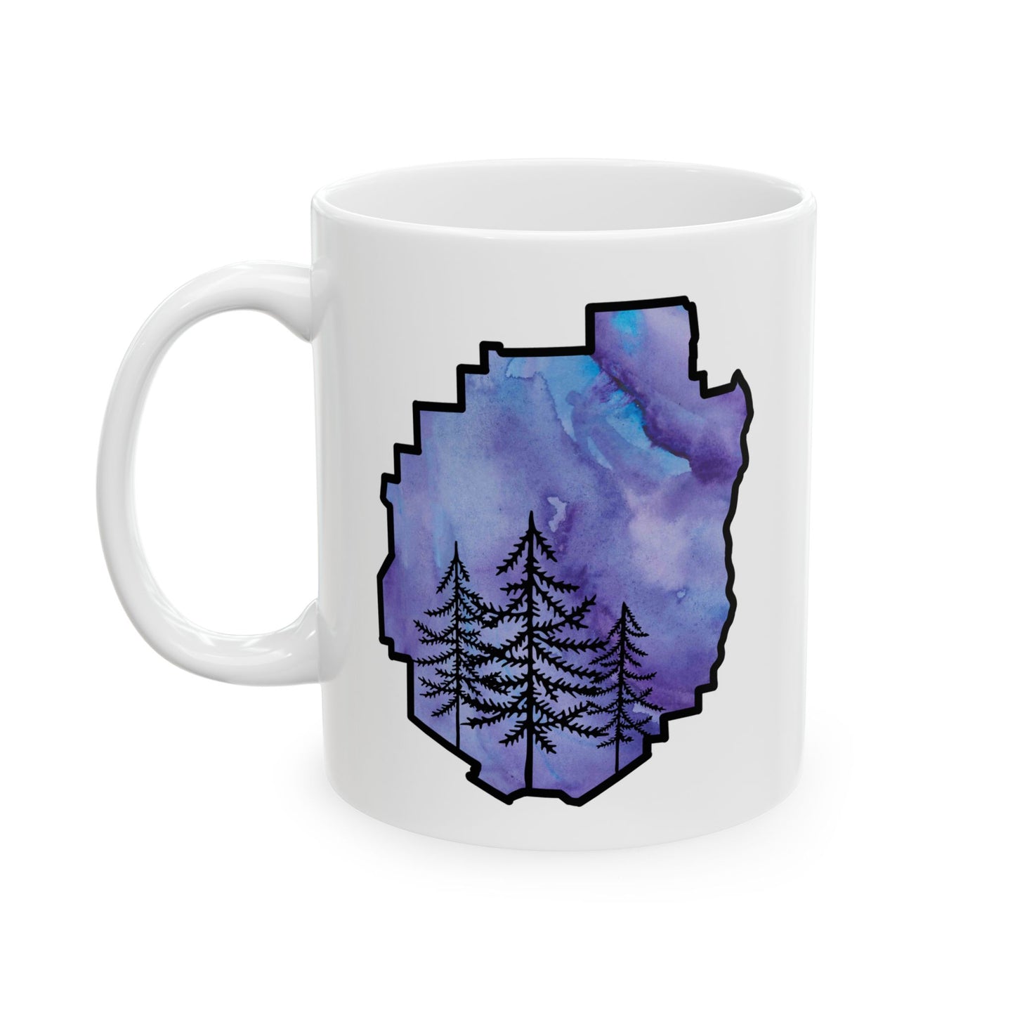 Adirondack Park Watercolor Mug – Pine Tree Forest Purple Watercolor Design (11 oz or 15 oz)