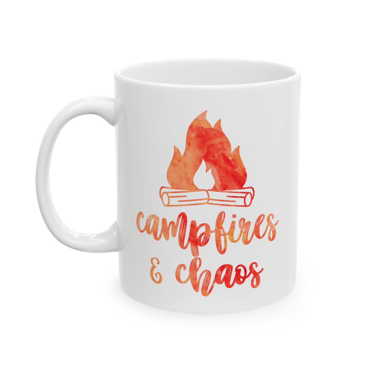 Campfires & Chaos Mug – Orange Red Watercolor Ceramic Mug (11 oz / 15 oz)