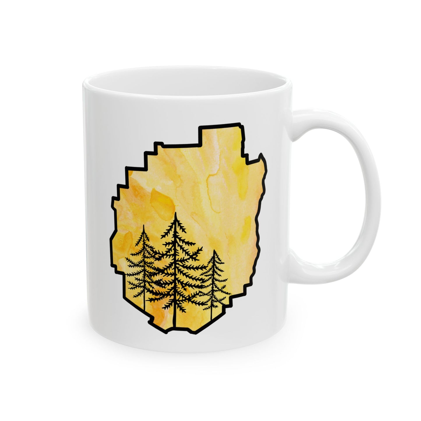 Adirondack Park Watercolor Mug – Pine Tree Forest Yellow Watercolor Design (11 oz or 15 oz)