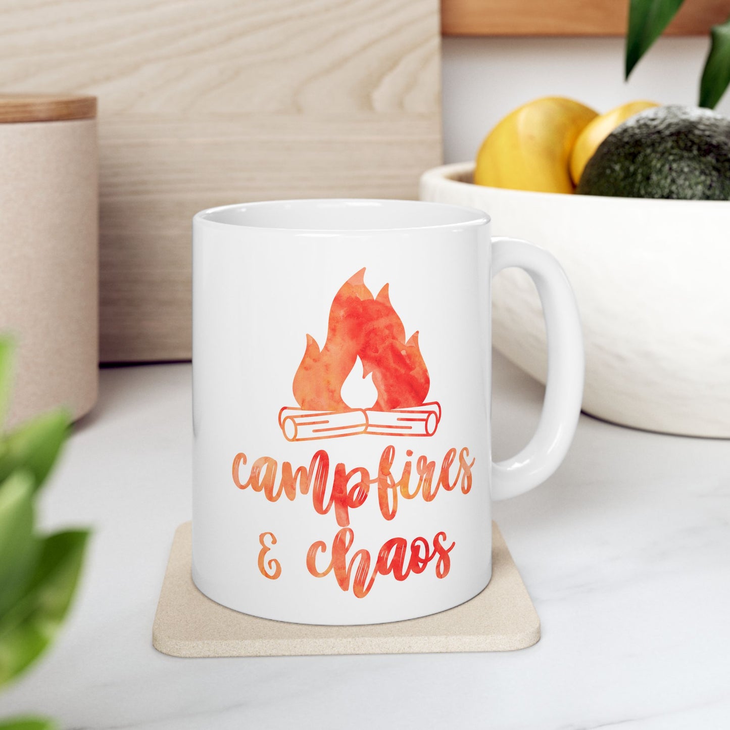 Campfires & Chaos Mug – Orange Red Watercolor Ceramic Mug (11 oz / 15 oz)