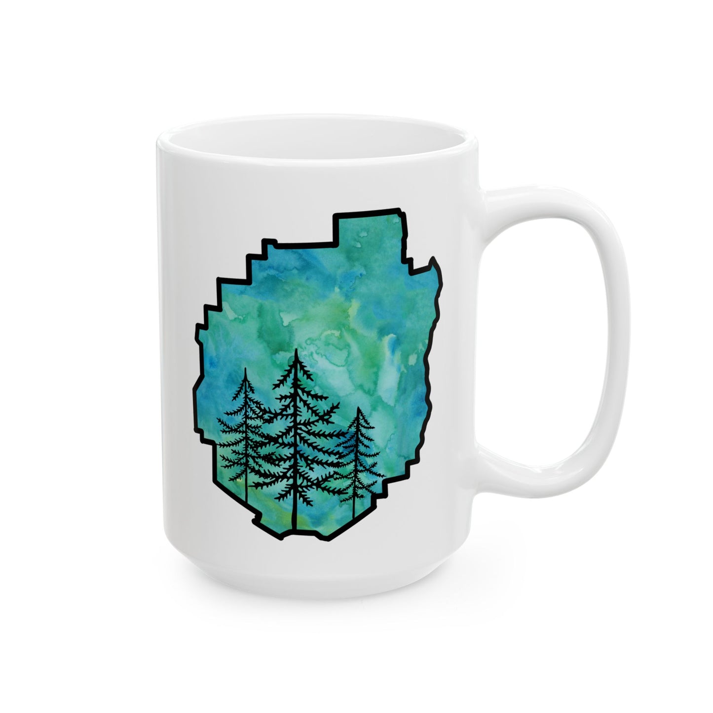 Adirondack Park Watercolor Mug – Pine Tree Forest Green Watercolor Design (11 oz or 15 oz)