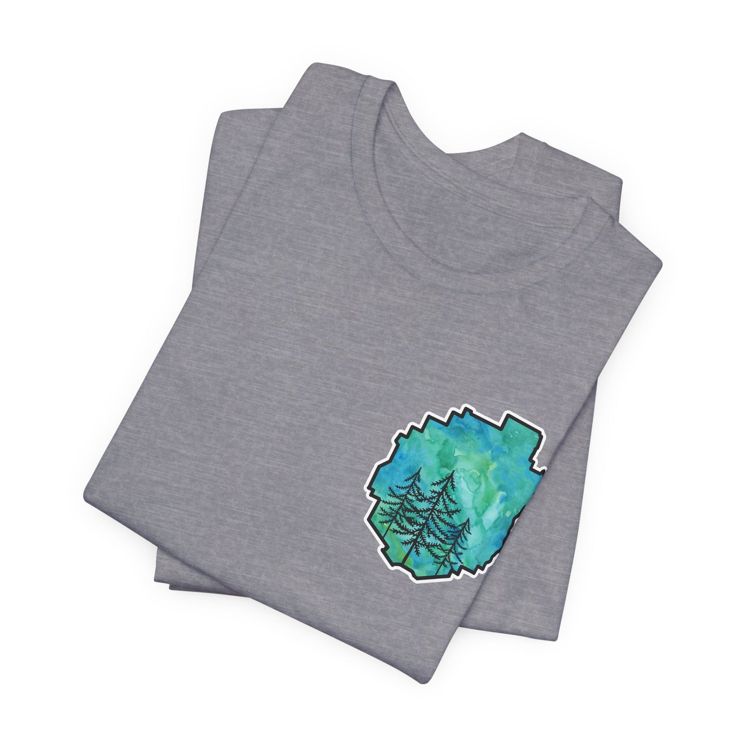 Adirondack Park Watercolor T-Shirt – Pine Tree Silhouette Design, Green Watercolor| Bella+Canvas Tee