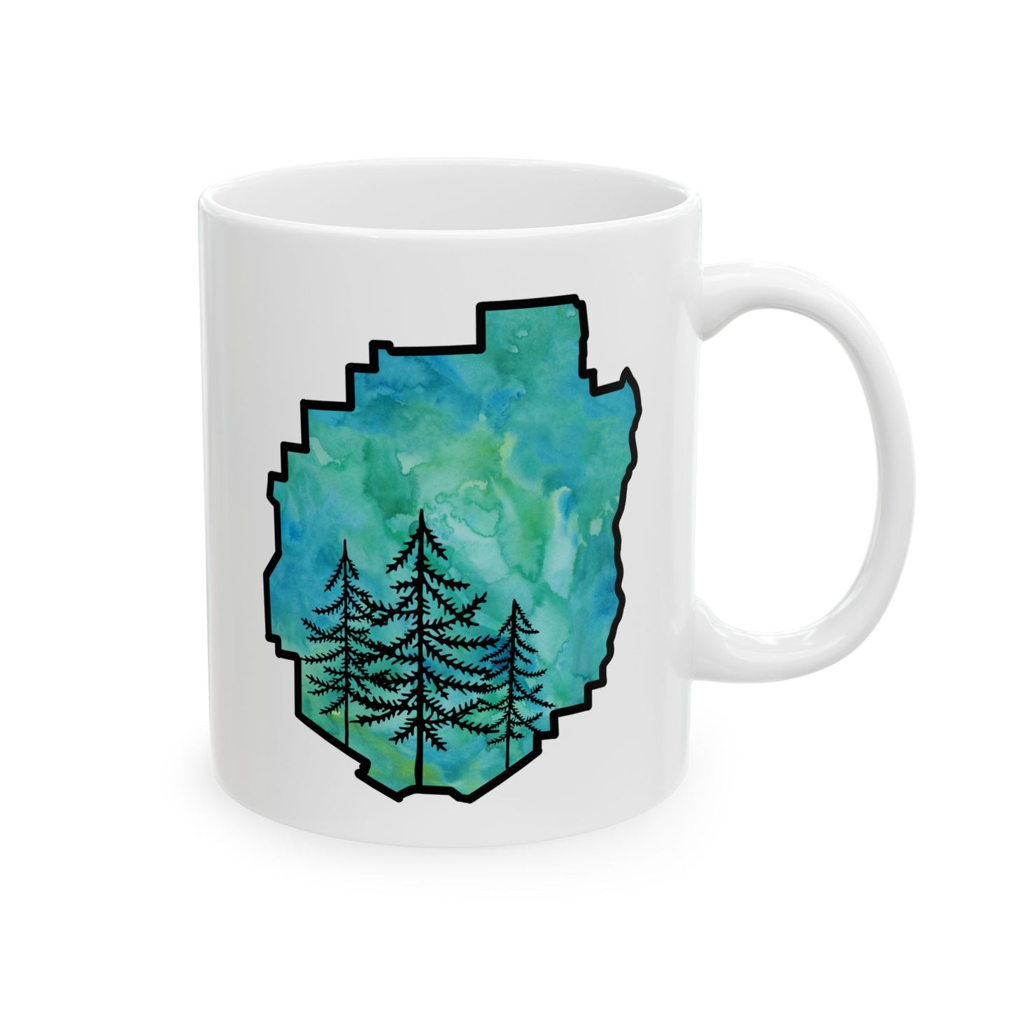 Adirondack Park Watercolor Mug – Pine Tree Forest Green Watercolor Design (11 oz or 15 oz)