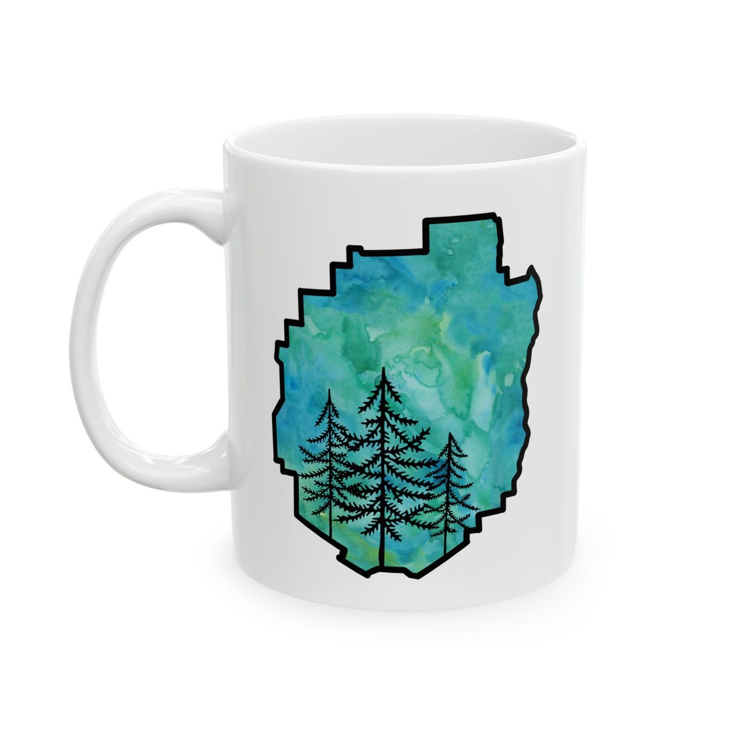 Adirondack Park Watercolor Mug – Pine Tree Forest Green Watercolor Design (11 oz or 15 oz)