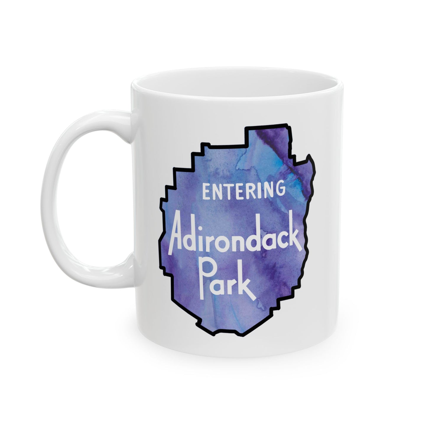 Entering Adirondack Park Mug – Watercolor Design with Iconic Park Sign (11 oz or 15 oz) - Purple Watercolor