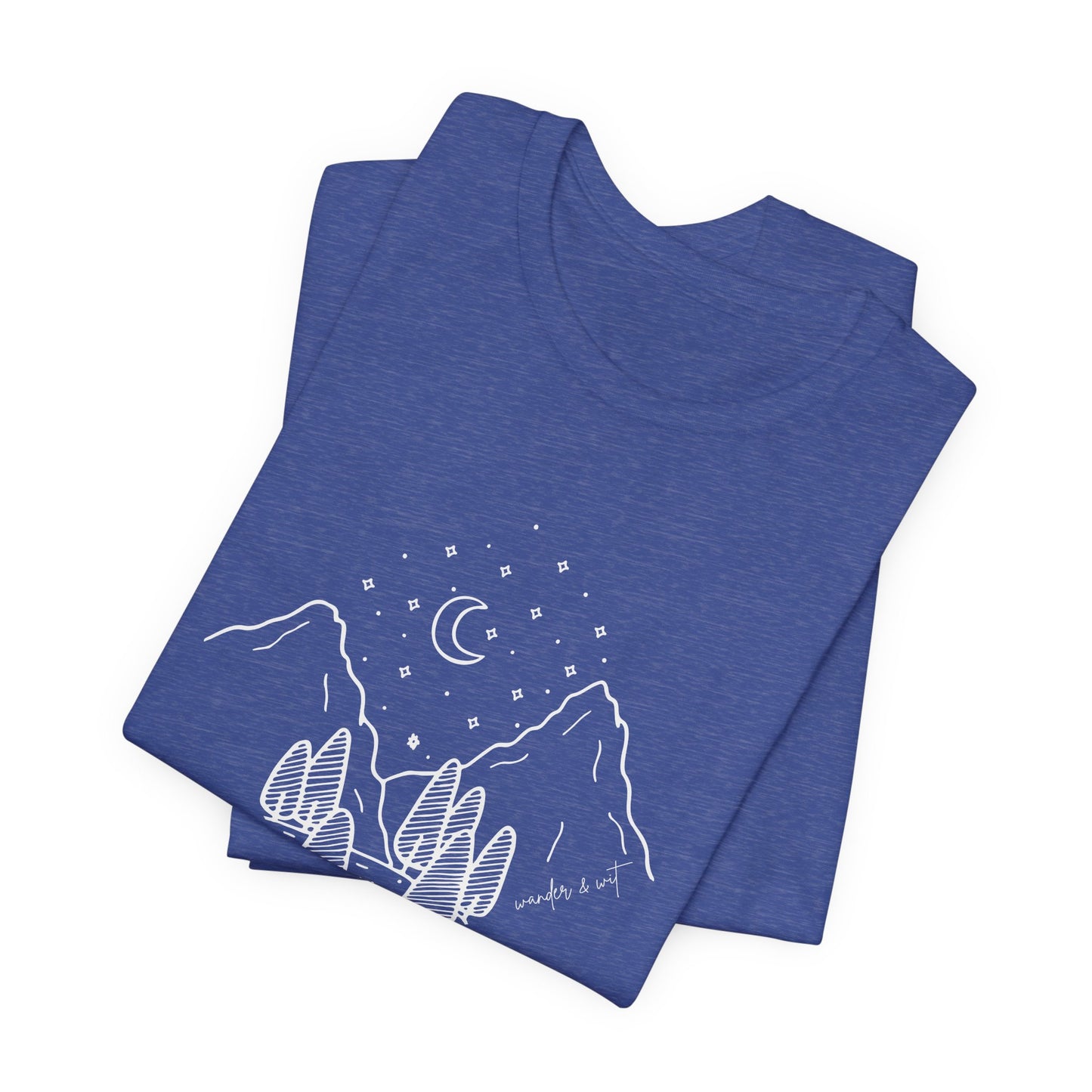 Minimalist Mountain & Moon T-Shirt – Line Art Nature Scene | Bella+Canvas Tee