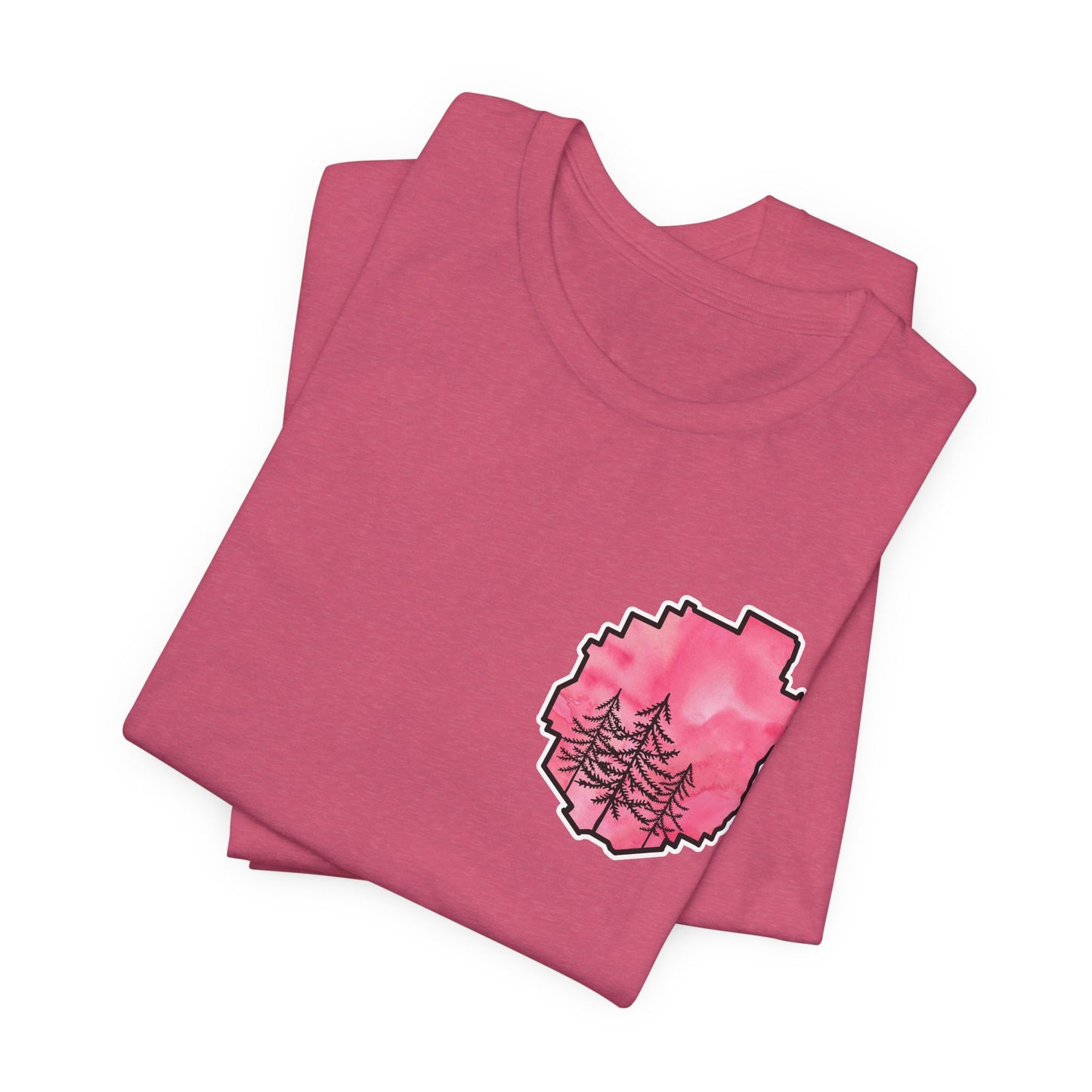 Adirondack Park Watercolor T-Shirt – Pine Tree Silhouette Design, Pink Watercolor| Bella+Canvas Tee