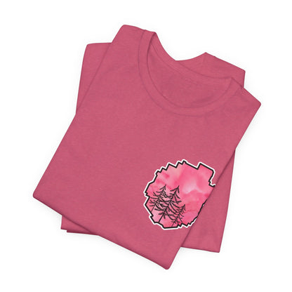 Adirondack Park Watercolor T-Shirt – Pine Tree Silhouette Design, Pink Watercolor| Bella+Canvas Tee
