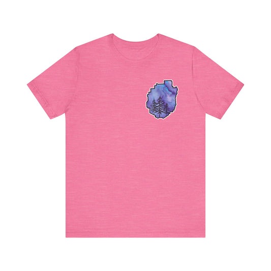 Adirondack Park Watercolor T-Shirt – Pine Tree Silhouette Design, Purple Watercolor| Bella+Canvas Tee