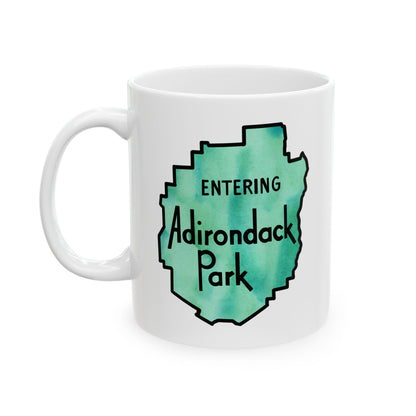 Entering Adirondack Park Mug – Watercolor Design with Iconic Park Sign (11 oz or 15 oz) - Green Watercolor