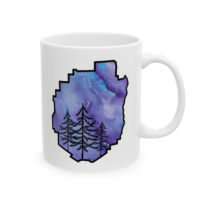 Adirondack Park Watercolor Mug – Pine Tree Forest Purple Watercolor Design  (11 oz or 15 oz)