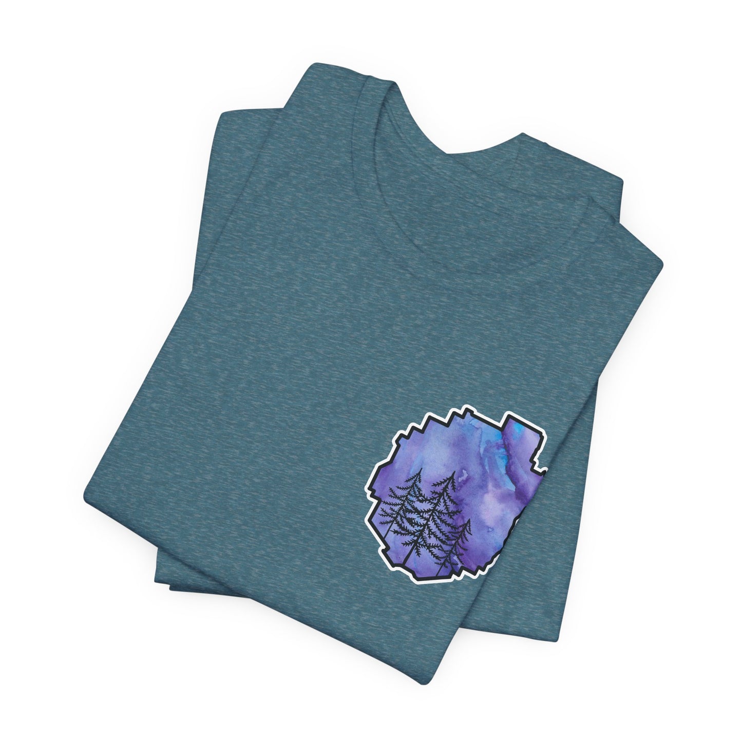 Adirondack Park Watercolor T-Shirt – Pine Tree Silhouette Design, Purple Watercolor| Bella+Canvas Tee