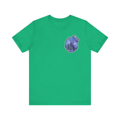 Adirondack Park Watercolor T-Shirt – Pine Tree Silhouette Design, Purple Watercolor| Bella+Canvas Tee