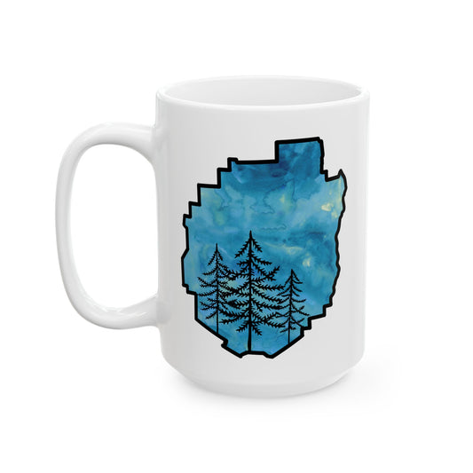 Adirondack Park Watercolor Mug – Pine Tree Forest Blue Watercolor Design  (11 oz or 15 oz)