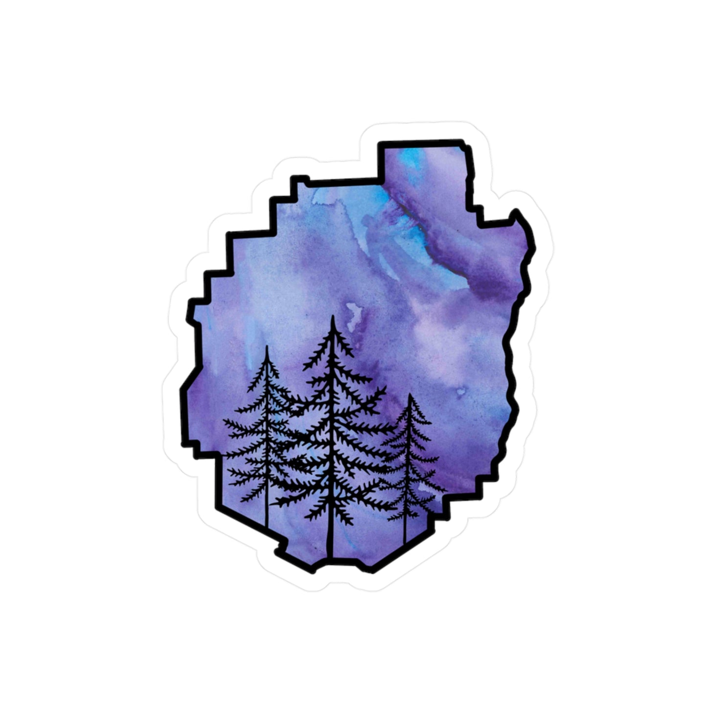 Adirondack Park Pine Tree Silhouette Vinyl Sticker – Purple Watercolor – Car, Laptop Decal