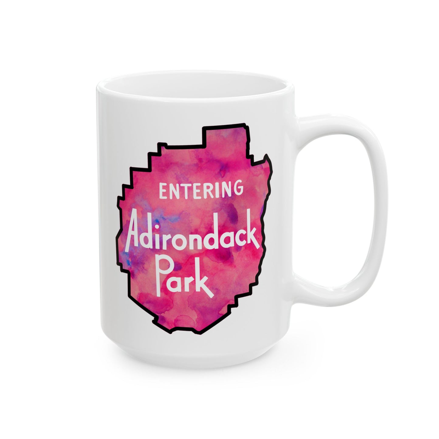 Entering Adirondack Park Mug – Watercolor Design with Iconic Park Sign (11 oz or 15 oz) - Pink Watercolor