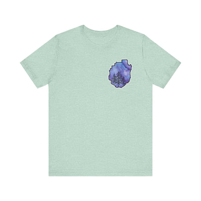 Adirondack Park Watercolor T-Shirt – Pine Tree Silhouette Design, Purple Watercolor| Bella+Canvas Tee