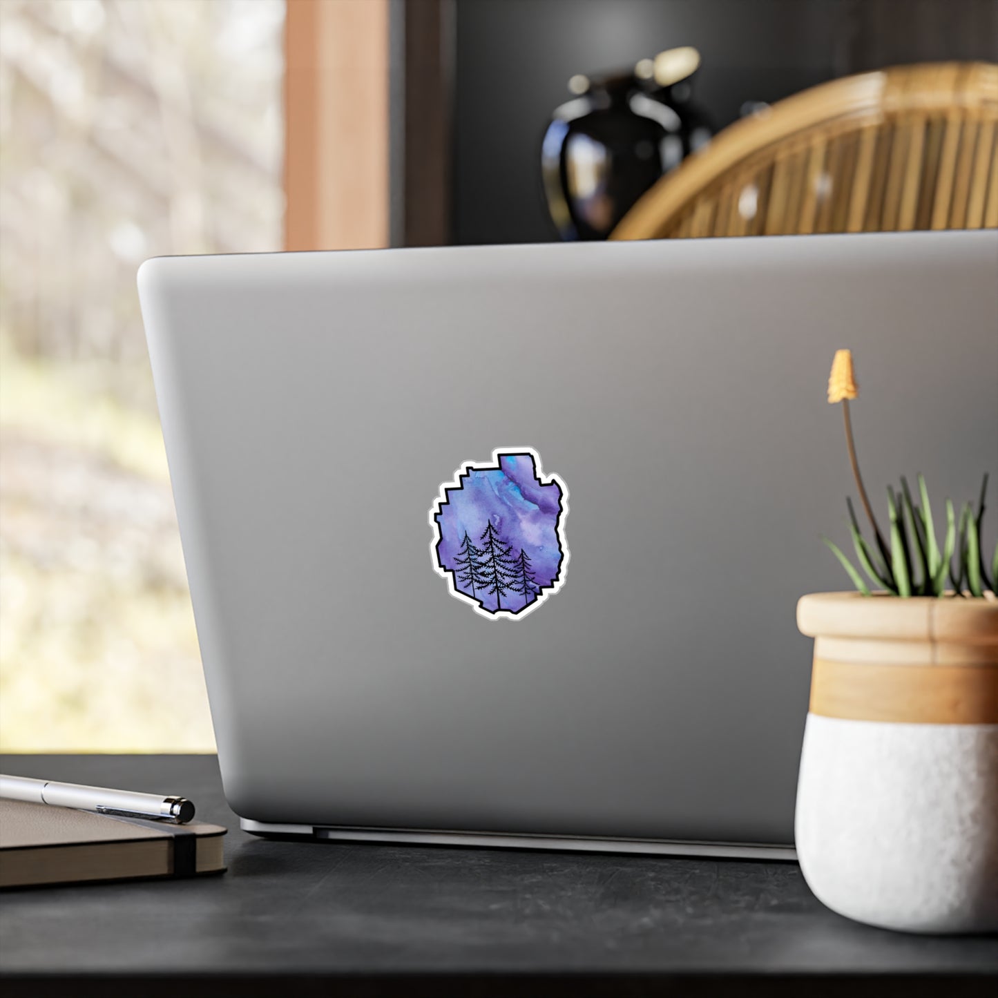 Adirondack Park Pine Tree Silhouette Vinyl Sticker – Purple Watercolor – Car, Laptop Decal