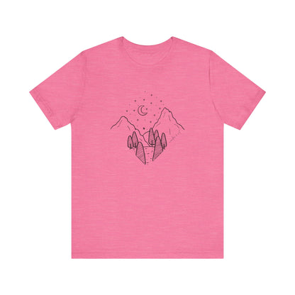 Minimalist Mountain & Moon T-Shirt – Line Art Nature Scene | Bella+Canvas Tee