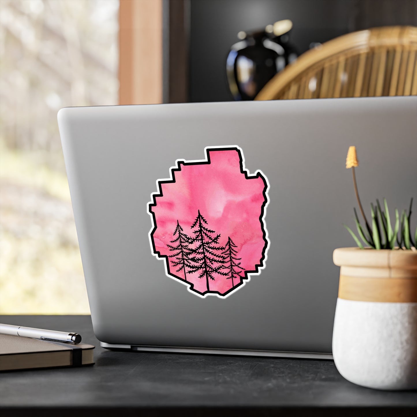 Adirondack Park Pine Tree Silhouette Vinyl Sticker – Pink Watercolor – Car, Laptop Decal