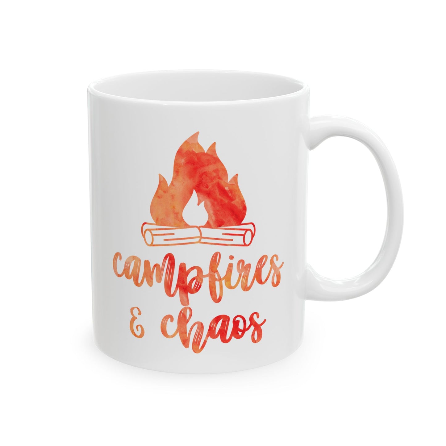 Campfires & Chaos Mug – Orange Red Watercolor Ceramic Mug (11 oz / 15 oz)