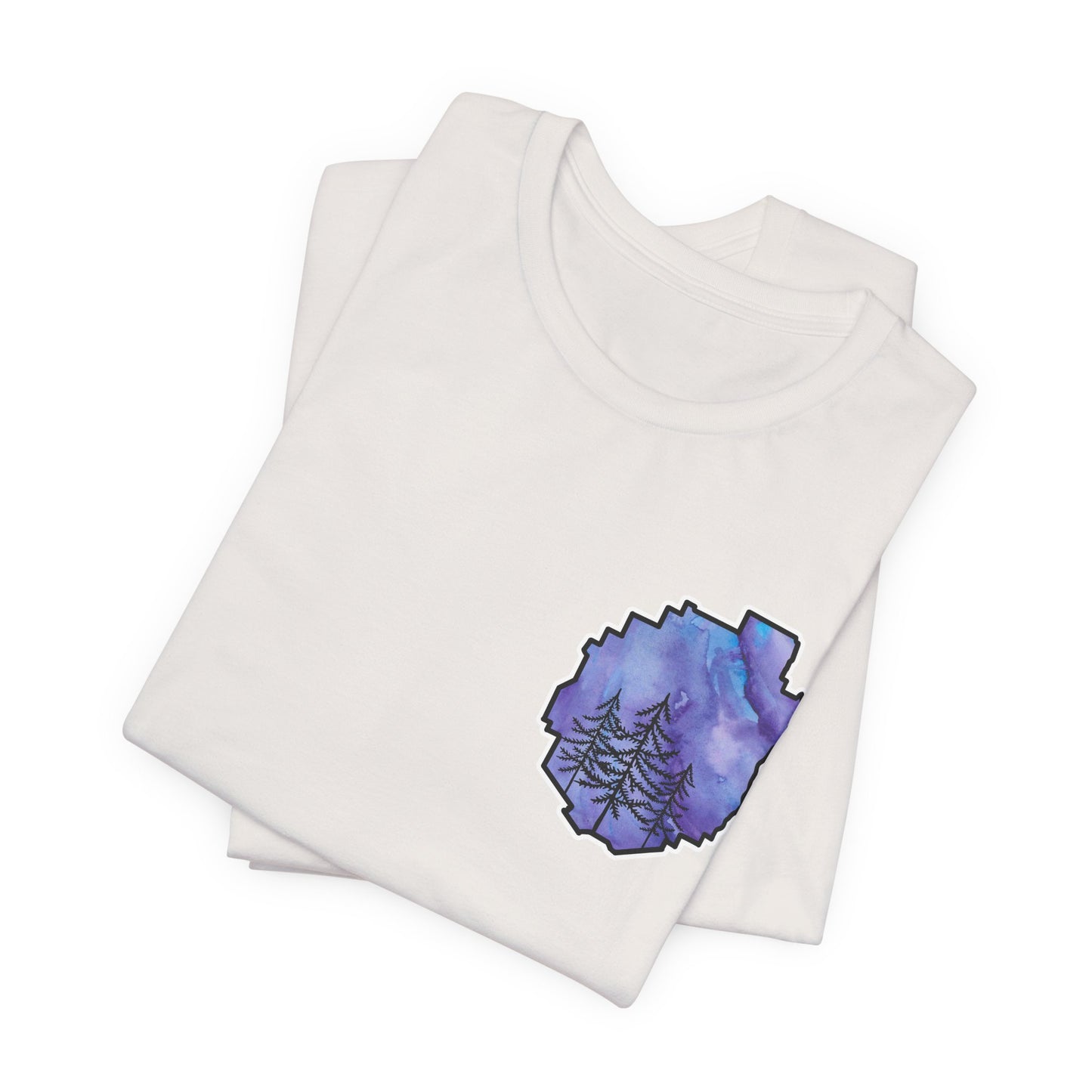 Adirondack Park Watercolor T-Shirt – Pine Tree Silhouette Design, Purple Watercolor| Bella+Canvas Tee