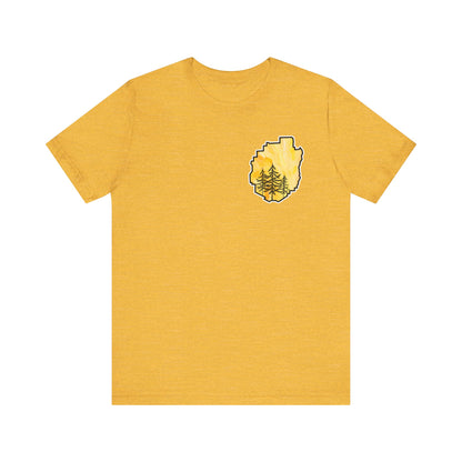 Adirondack Park Watercolor T-Shirt – Pine Tree Silhouette Design, Yellow Watercolor| Bella+Canvas Tee