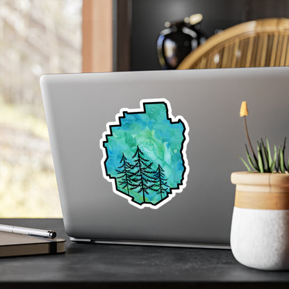 Adirondack Park Pine Tree Silhouette Vinyl Sticker – Green Watercolor – Car, Laptop Decal
