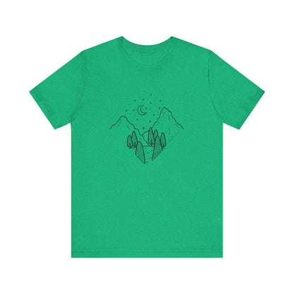 Minimalist Mountain & Moon T-Shirt – Line Art Nature Scene | Bella+Canvas Tee
