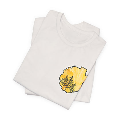 Adirondack Park Watercolor T-Shirt – Pine Tree Silhouette Design, Yellow Watercolor| Bella+Canvas Tee