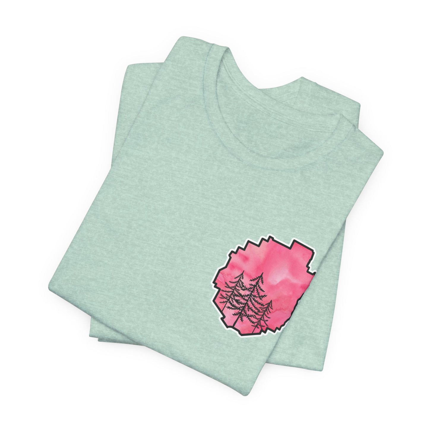 Adirondack Park Watercolor T-Shirt – Pine Tree Silhouette Design, Pink Watercolor| Bella+Canvas Tee