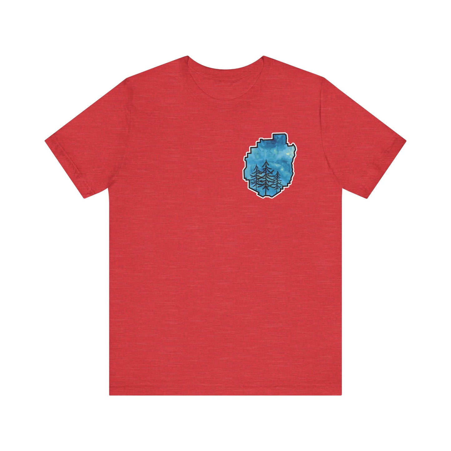 Adirondack Park Watercolor T-Shirt – Pine Tree Silhouette Design, Blue Watercolor| Bella+Canvas Tee
