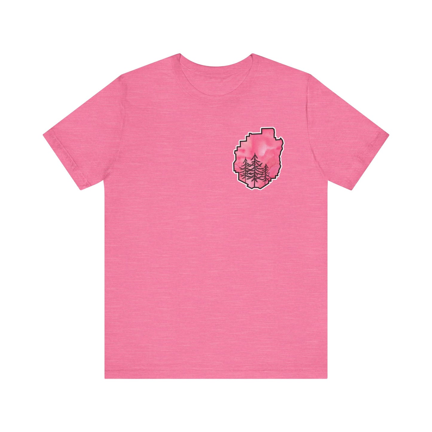 Adirondack Park Watercolor T-Shirt – Pine Tree Silhouette Design, Pink Watercolor| Bella+Canvas Tee