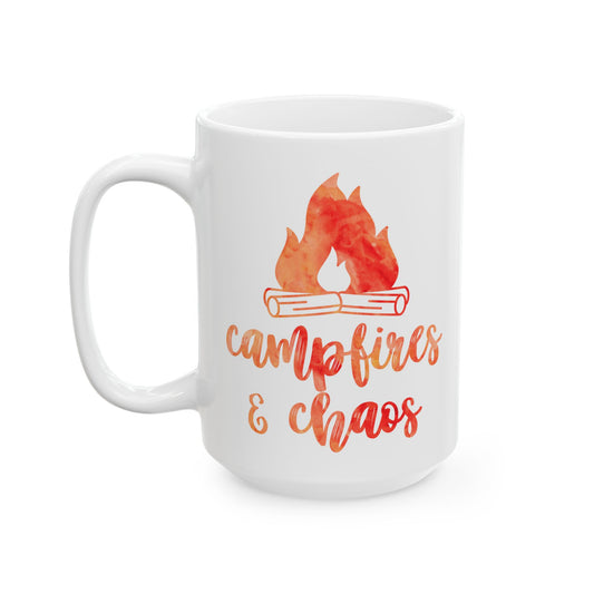 Campfires & Chaos Mug – Orange Red Watercolor Ceramic Mug (11 oz / 15 oz)