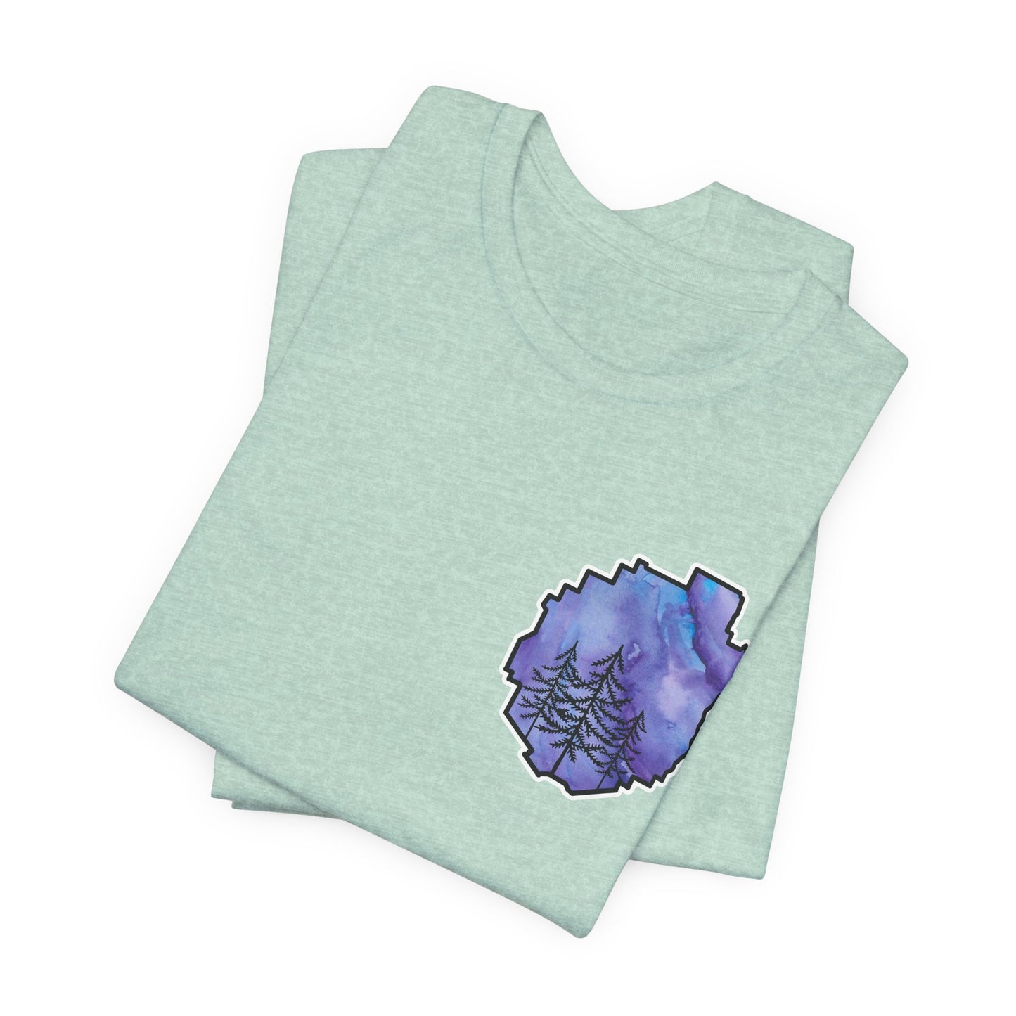 Adirondack Park Watercolor T-Shirt – Pine Tree Silhouette Design, Purple Watercolor| Bella+Canvas Tee