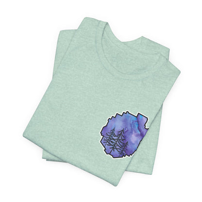 Adirondack Park Watercolor T-Shirt – Pine Tree Silhouette Design, Purple Watercolor| Bella+Canvas Tee