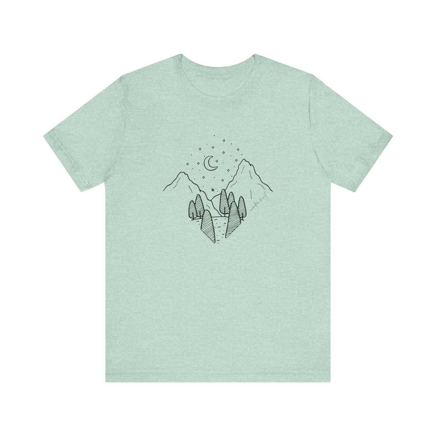 Minimalist Mountain & Moon T-Shirt – Line Art Nature Scene | Bella+Canvas Tee