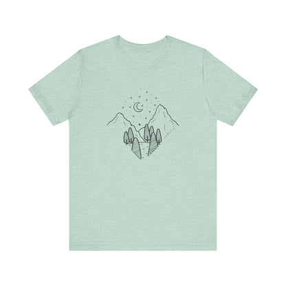 Minimalist Mountain & Moon T-Shirt – Line Art Nature Scene | Bella+Canvas Tee