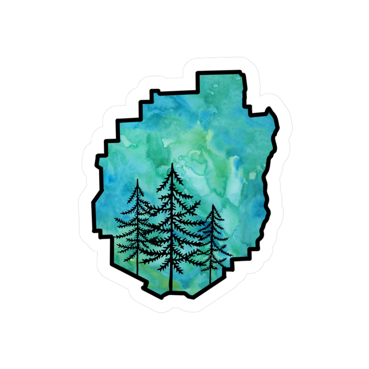 Adirondack Park Pine Tree Silhouette Vinyl Sticker – Green Watercolor – Car, Laptop Decal