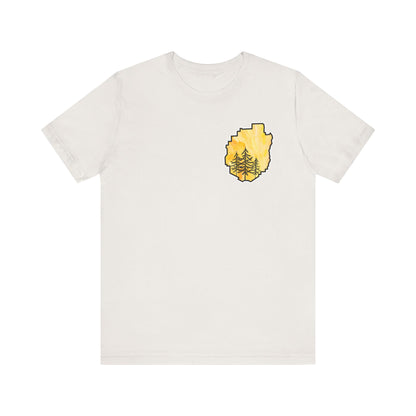 Adirondack Park Watercolor T-Shirt – Pine Tree Silhouette Design, Yellow Watercolor| Bella+Canvas Tee