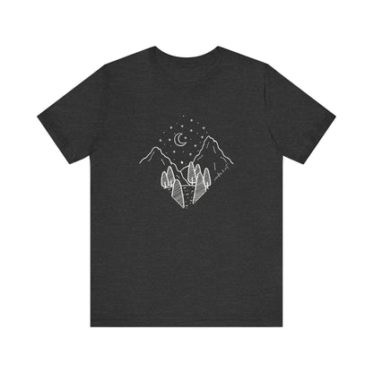 Minimalist Mountain & Moon T-Shirt – Line Art Nature Scene | Bella+Canvas Tee