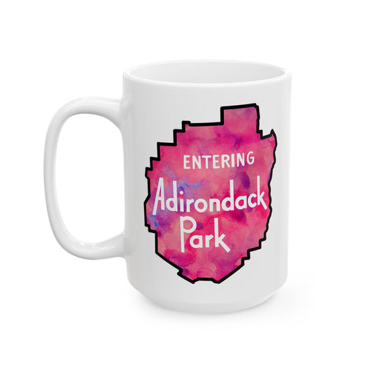 Entering Adirondack Park Mug – Watercolor Design with Iconic Park Sign (11 oz or 15 oz) - Pink Watercolor