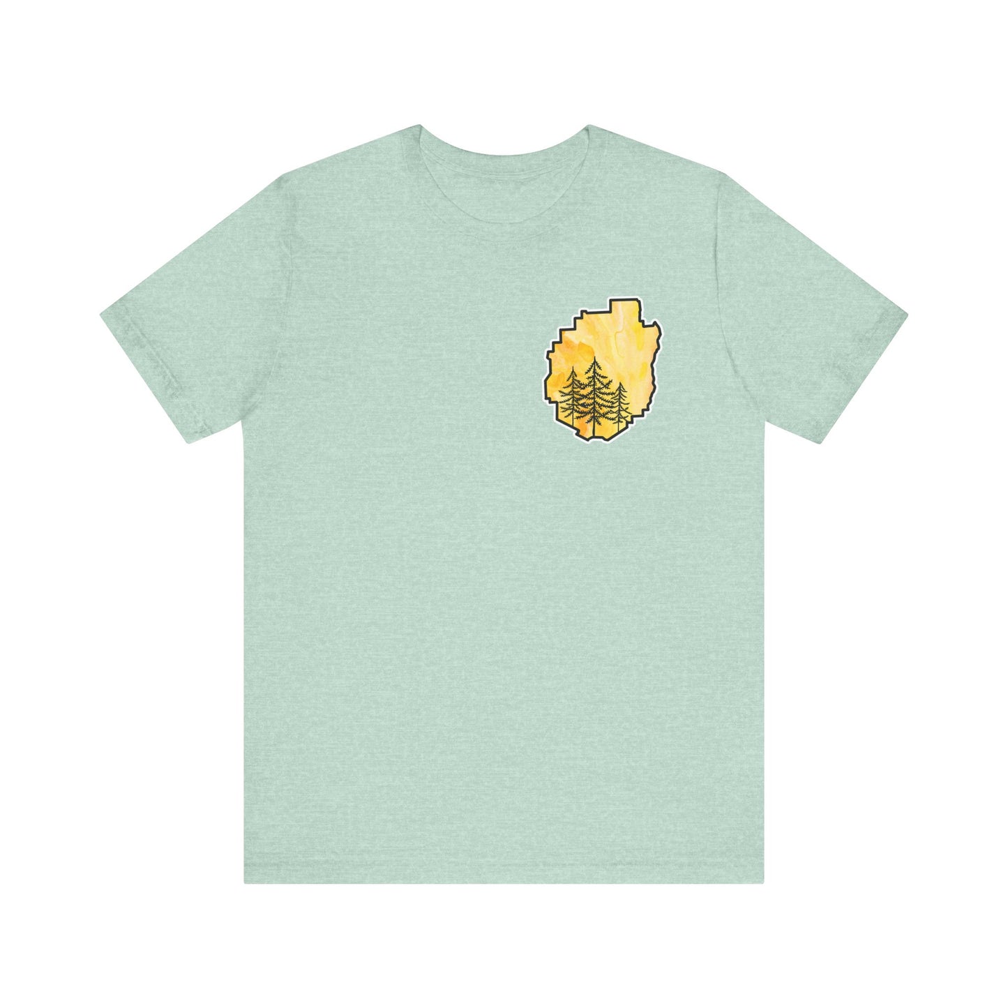 Adirondack Park Watercolor T-Shirt – Pine Tree Silhouette Design, Yellow Watercolor| Bella+Canvas Tee