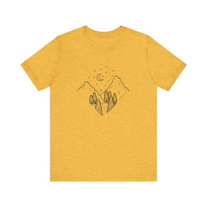 Minimalist Mountain & Moon T-Shirt – Line Art Nature Scene | Bella+Canvas Tee