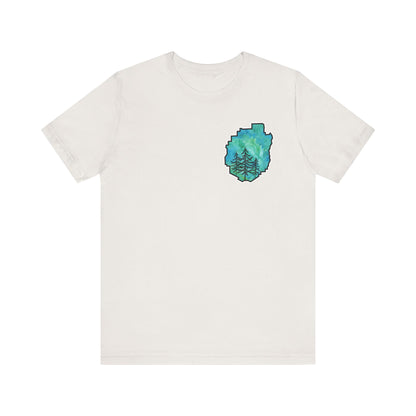 Adirondack Park Watercolor T-Shirt – Pine Tree Silhouette Design, Green Watercolor| Bella+Canvas Tee