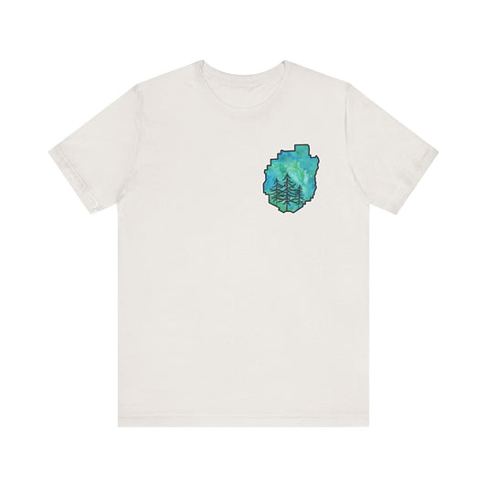 Adirondack Park Watercolor T-Shirt – Pine Tree Silhouette Design, Green Watercolor| Bella+Canvas Tee
